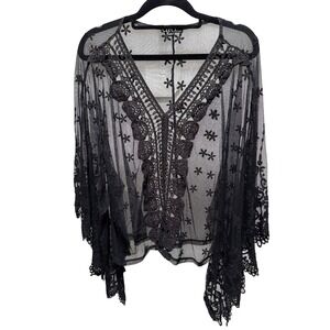 Cleo Apparel Kimono Womens Large Black Mesh Floral Lace Crochet Boho Sheer Top